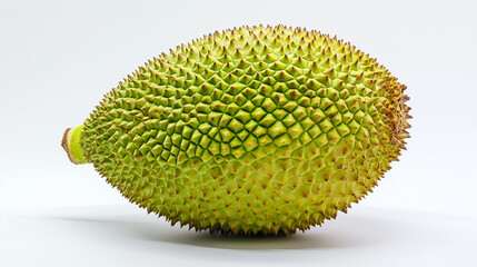 A whole breadfruit with its green spiky exterior on a white background