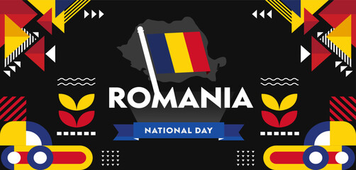 Romania national day banner with Romanian flag, background with geometric abstract retro modern design. Triangles Vector Illustration.