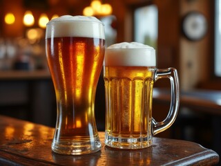 Two Glasses of Beer, Tall Amber Ale and Light Lager with Frothy Heads, Served on Wooden Bar in Cozy Pub with Warm Lighting