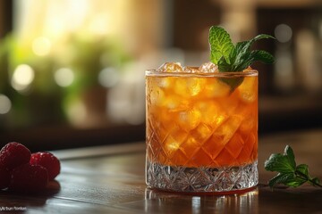 Cocktail Mai Tai neon orange colored placed on the right side of the table with a mint sprig on the table. Blurred bar with sunlight in the background.