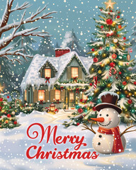 Magical Christmas Eve: Snowman's Festive Wonderland. Christmas card with snowman