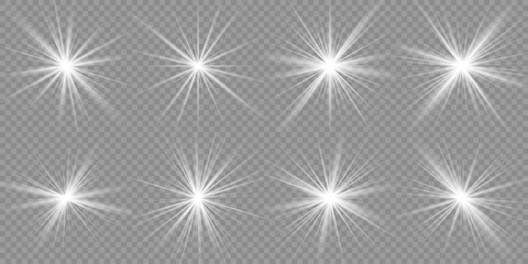 Obraz premium Light effect set. Glow isolated white transparent light effect set, lens flare, explosion, glitter, dust, line, sun flash, spark and stars, spotlight, curve twirl. Sunlight, abstract special effect.