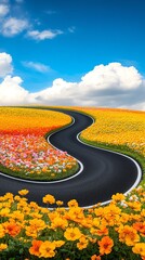 Winding road through vibrant flower fields.