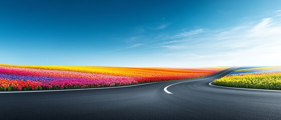 Colorful flower fields beside a winding road.