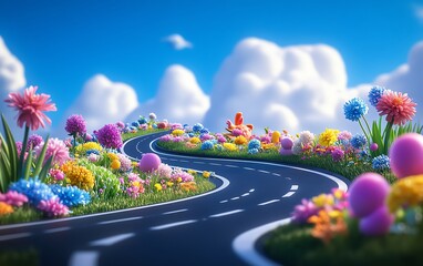 Colorful flower road under blue sky