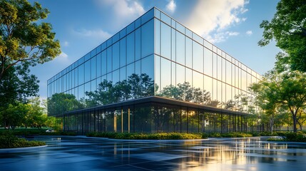 Obraz premium Modern glass building with reflective facade, bright daylight, clear blue sky, trees surrounding, wet pavement reflections, minimalist design, contemporary architecture.