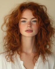 Naklejka premium Woman with Curly Auburn Hair in Motion Wearing Casual White Shirt