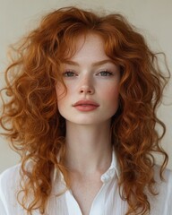 Fototapeta premium Woman with Curly Auburn Hair in Motion Wearing Casual White Shirt