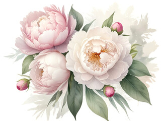Fototapeta premium Bouquet of watercolor white pink peonies on a white background. Beautiful flowers.