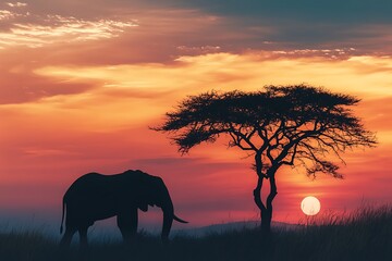 Obraz premium Elephant Silhouette at Sunset in the African Savanna.
