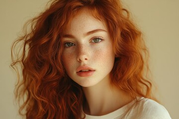 Fototapeta premium Woman with Curly Auburn Hair in Motion Wearing Casual White Shirt