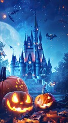 Blue background of pumpkins and castle, Halloween elements, Happy Halloween