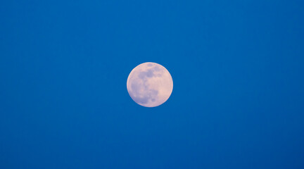 Full moon in blue sky. Supermoon is an astronomical event. Close-up of moon in evening or night sky.