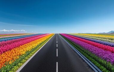 Colorful tulip fields beside a long road.