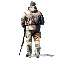 Obraz premium Rear View of a Hunter with Rifle.