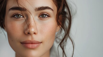 Fototapeta premium Close-up Portrait of Young Woman with Freckles and Subtle Makeup