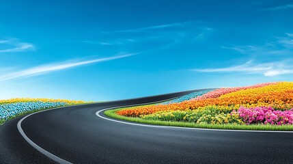 Curved road with colorful flower fields