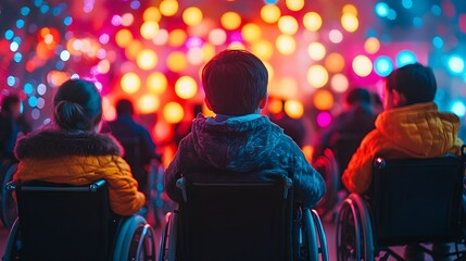 Fototapeta premium Group of children in wheelchairs participating in a musical therapy session with futuristic holographic instruments, lively atmosphere, neon lighting, psychedelic style, glowing patterns