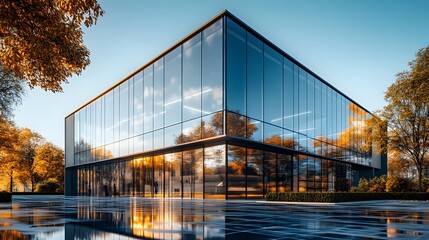 Modern glass building with reflective facade, bright daylight, clear blue sky, trees surrounding, wet pavement reflections, minimalist design, contemporary architecture.