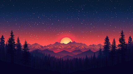 Silhouetted Mountain Range at Sunset with Starry Sky