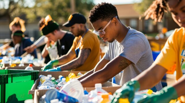 Group of volunteers sorting recyclables at a community event - Powered by Adobe