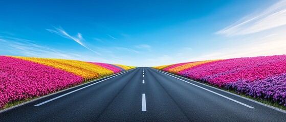 Vibrant flower fields beside empty road