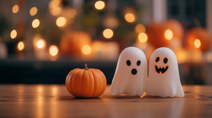 An empty scene featuring a blurred background with soft-focus playful ghosts and smiling pumpkins, creating an ideal product mockup space, 
