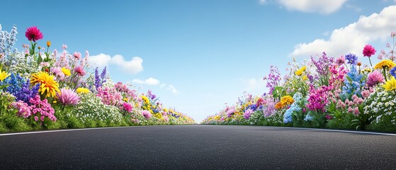 Vibrant flowers along a peaceful road