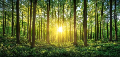 Sunlight filters through lush green trees in a tranquil forest setting.