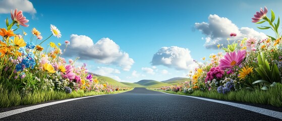 Vibrant flowers along a scenic road.