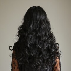 Naklejka premium Back View of Woman with Curly Black Hair Against Minimalist White Background