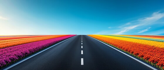 Vibrant road lined with colorful flowers