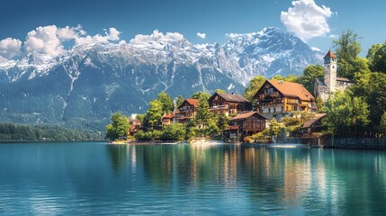 Picturesque lakeside town with snow-capped mountains, crystal clear turquoise water, charming European architecture, lush green trees, reflections on calm lake surface.