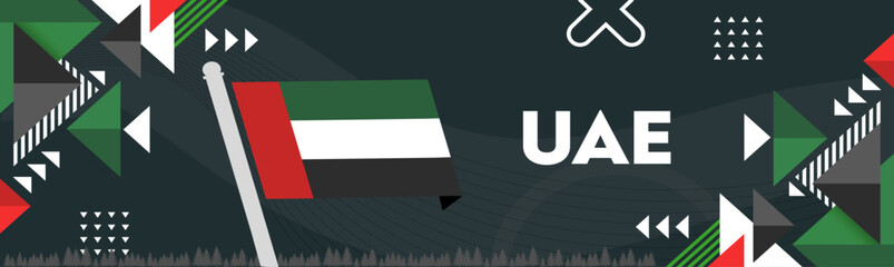 UAE national day banner for independence day. Flag of United Arab Emirates and modern geometric abstract design. Country name in Arabic calligraphy. Dubai Vector Illustration.