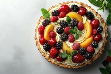 Berry Tart. Fruit tart with berries and peach slices on white backgrou