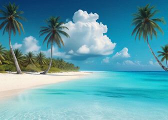 Fototapeta premium tropical island with palm trees, crystal clear turquoise water, white sandy beach