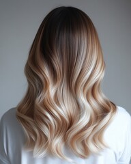 Fototapeta premium Back View of Woman with Ombré Hair from Dark Brown to Blonde