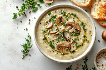 Mushroom Bisque. Creamy mushroom soup with herbs garnished with parsle