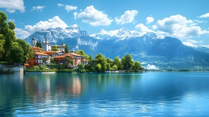 Picturesque lakeside town with snow-capped mountains, crystal clear turquoise water, charming European architecture, lush green trees, reflections on calm lake surface.