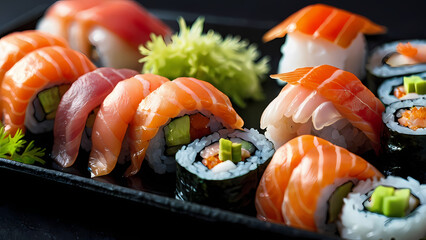 Delicious Plate of Assorted Sushi Rolls and Sashimi, Presented on black Plate. Perfect assortment of traditional Japanese food styled for blog post, menu, or restaurant use.