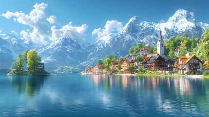 Fototapeta premium Picturesque lakeside town with snow-capped mountains, crystal clear turquoise water, charming European architecture, lush green trees, reflections on calm lake surface.