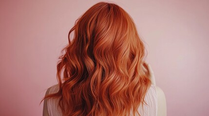 Fototapeta premium Woman Running Fingers Through Wavy Red Hair Against Pastel Pink Background