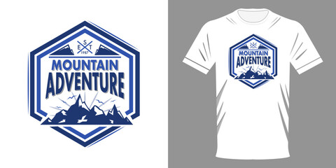 Vector illustration T-shirt with lettering MOUNTAIN ADVENTURES. Hexagon with mountain range. Fashionable stuff for climbers. High quality street style. Retro print for typography printing on clothes. 