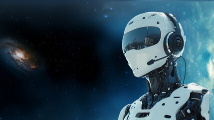 a robot call center agent wearing a headset with microphone interacting with online chat, outer space background