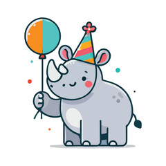 cute rhino cartoon character with celebration balloon in white background