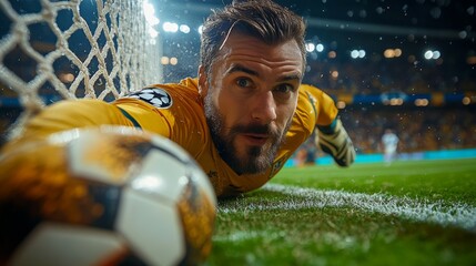 Goalkeeper in Action During Intense Soccer Match