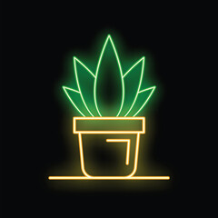 Glowing neon green plant in pot on black background, great for minimalist botanical designs