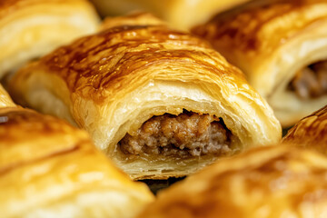Savory puff pastry with minced meat filling close up for culinary delight