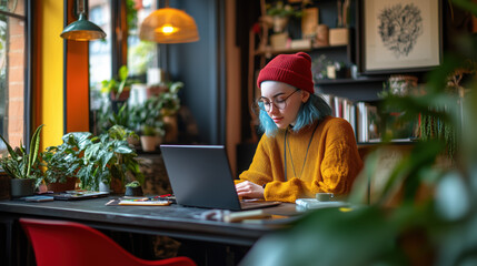 Obraz premium Young woman with blue hair working on laptop in cozy, plant filled room