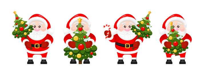 Set of cute Santa Claus with Christmas tree and candy cane. Merry Christmas and happy new year. Isolated vector illustration.